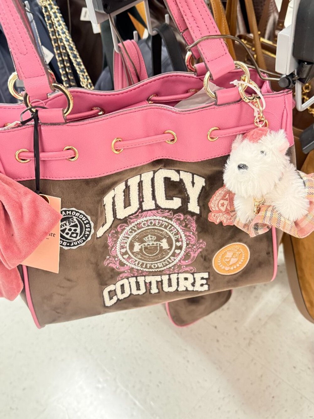 NWT Juicy Couture Varsity Daydreamer Tote Chocolate Pink w Scottie Dog charm